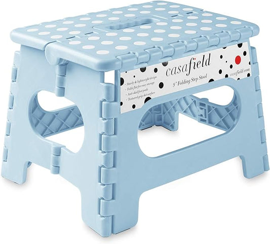 Casafield 9" Folding Step Stool with Handle, Blue - Portable Collapsible Small Plastic Foot Stool for Kids and Adults - Use in The Kitchen, Bathroom and Bedroom