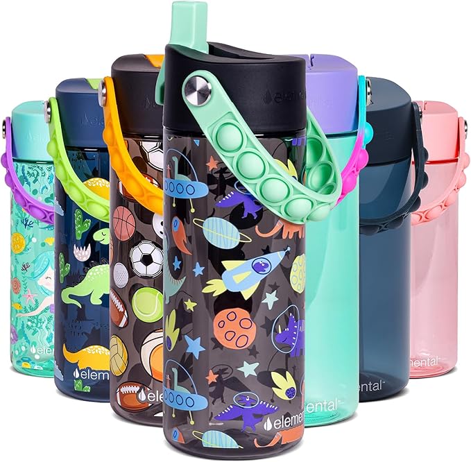 Elemental Leak Proof Water Bottles for Kids - Splash Kids Water Bottle for School with Fun Fidget Pop-it Handle - BPA Free Tritan Plastic Reusable Water Bottle with Straw - Space Dinosaur - 18oz