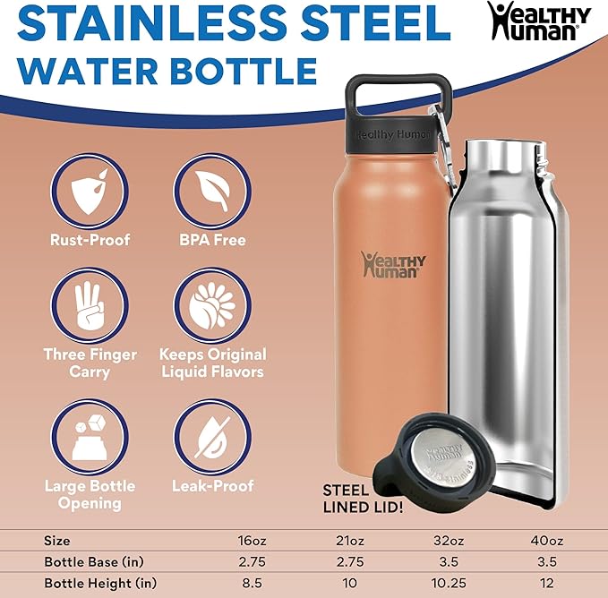 Healthy Human Stainless Steel Water Bottle | Double Walled Vacuum Insulated Water Thermos for Adults | Eco-Friendly Travel Bottles with Leak Proof Lid (Peach, 21 oz/ 621 ML)