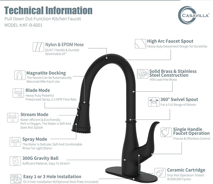 Black Kitchen Faucet with Soap Dispenser, Faucet for Kitchen Sink, Single Handle Stainless Steel Kitchen Sink Faucets with Pull Down Sprayer and Deck Plate, RV Sink Faucet