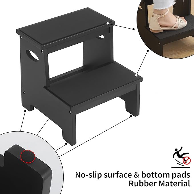Kids Step Stool Black Stepping Stool 2 Step Stools for Toddlers Bathroom Kitchen Counter Sink Wooden Step Stool Portable Baby Childrens Wood Toddler Foot Bed Step Stool Kids Potty Training Stool