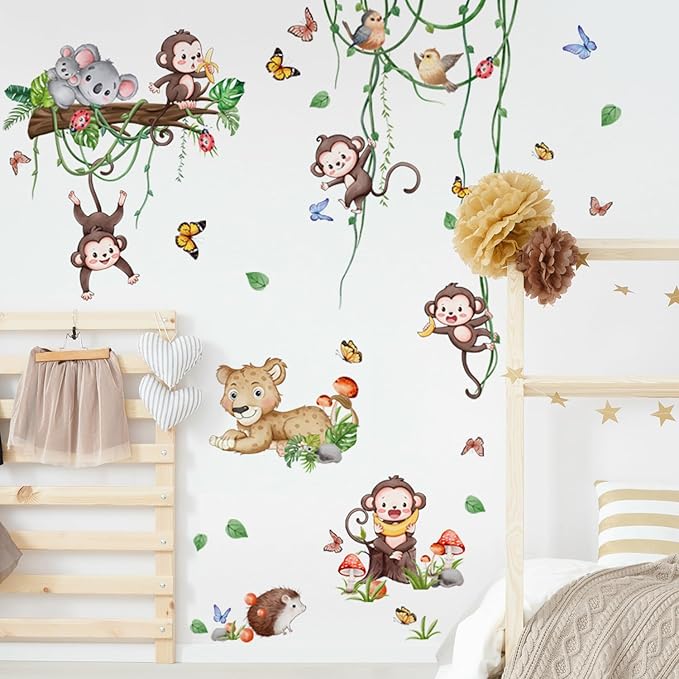 Safari Monkey Climbing Tree Wall Stickers Jungle Animals Vine Leaves Wall Stickers Vinyl Sloth Leopard Butterfly Plants Mural Art Decor for Kids Baby Nursery Bedroom Living Room Sofa TV Wall