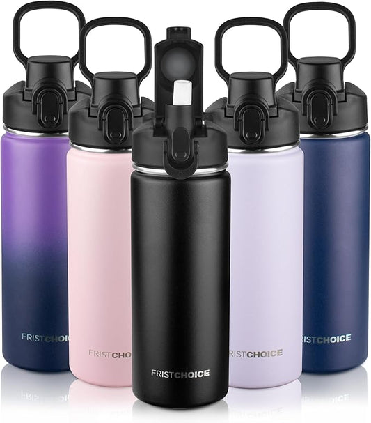 Insulated water bottle with Straw,18oz Stainless Steel Water Bottle for Adult Kids,Double Wall Vacuum Wide Mouth Insulated Water Bottle for School,BPA-free and Leak-proof（18oz,Black）