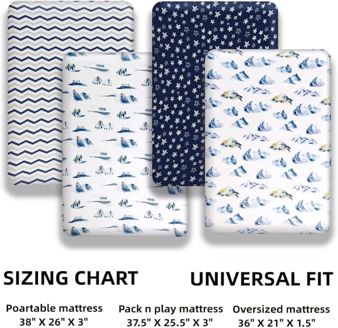 4 Pack Fitted Pack N Play Sheets for Baby Boys Neutral Unisex Breathable Soft Toddler Mini Crib Sheets for Pack and Play Mattress (Mountain)