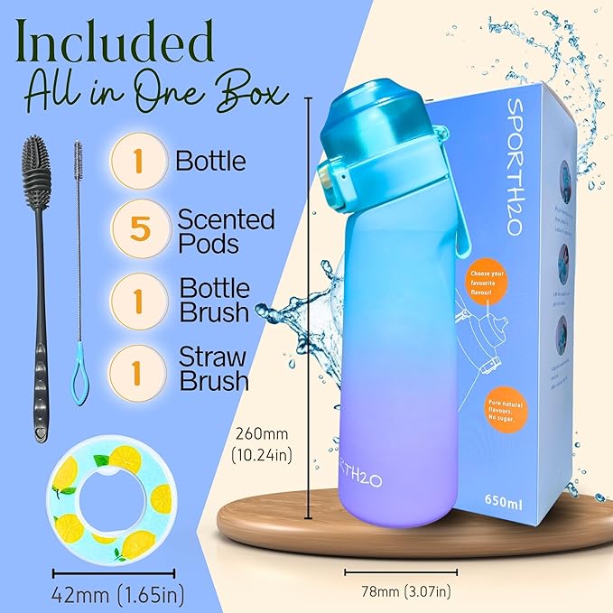 Air Water Bottle 650ml – Water Bottle With 5 Scented Pods, 0% Sugar BPA Free Cup with Bottle & Straw Brushes | Suitable for Outdoor | Sports | Gift Idea (New Gradient Blue/Purple + 5 Pods)