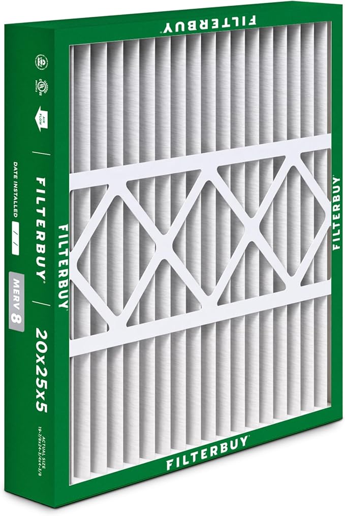 Filterbuy 20x25x5 Air Filter MERV 8 Dust Defense (2-Pack), Pleated HVAC AC Furnace Air Filters for Honeywell FC100A1037, Lennox X6673, Carrier, & More (Actual Size: 19.88 x 24.75 x 4.38 Inches)