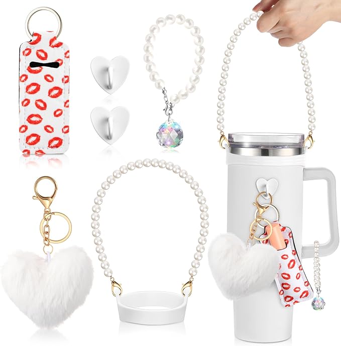 Water Bottle Accessories Set with Silicone Water Bottle Handle with Strap Hanging Charms Compatible with Stanley Cup(White)