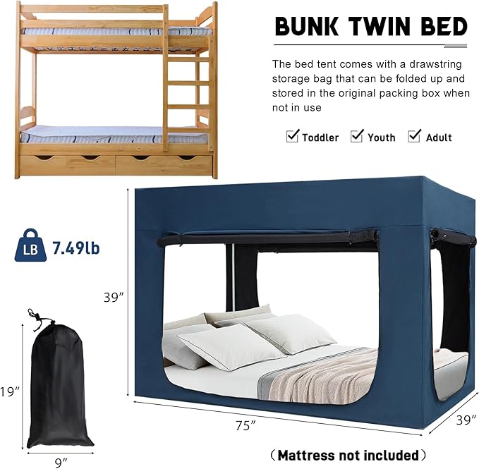 Quinnsus Bed Tent Bed Canopy Bunk Twin Size Tents for Adult and Kids - Portable Sleeping Bed Tents 80% Blackout with 4 Doors Breathable Private Space Tents(Mattress Not Included)