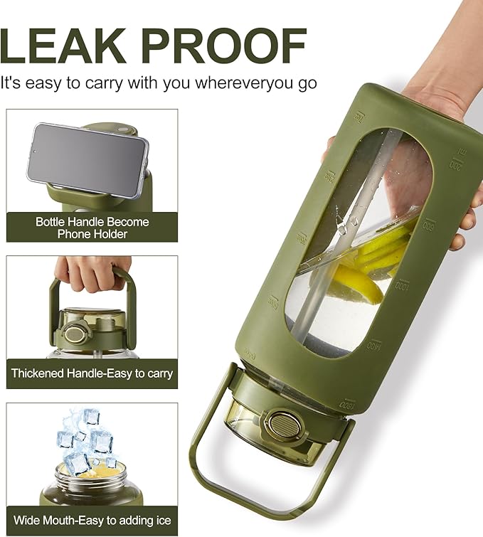 TKK 64 OZ Glass Water Bottle with Straw and Handle Half Gallon Bottle with Silicon Sleeve 2L Sports Water Bottles for Fitness, Gym, Workout, Workout - Olive