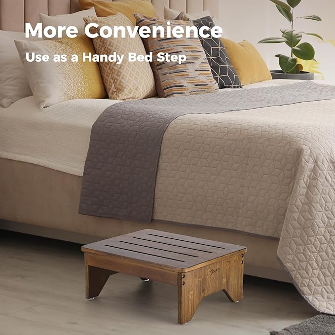 StrongTek Bamboo Step Stool for Adults, Bedside Step for High Beds, 300 Lbs Capacity, Non-Slip Bed Foot Stool with Rounded Edges, Small One Step Stool for Bathroom, Bedroom, Garden, Kitchen (Brown)