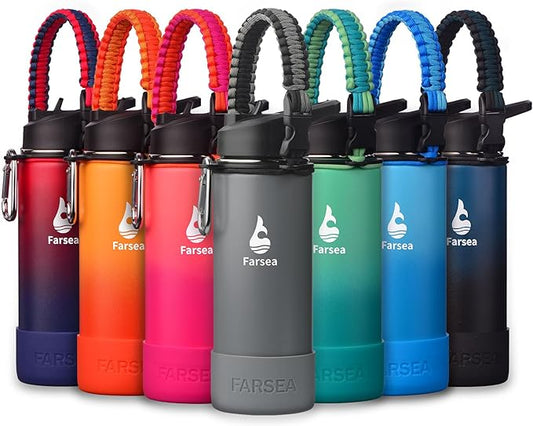 Farsea Insulated Water Bottle With Paracord Handle, Protective Silicone Boot and 2 Lids (Straw Lid & Spout Lid), Stainless Steel Water Bottle Wide Mouth, Double Wall Sweat-Proof BPA-Free,18 oz
