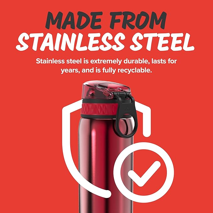 Ion8 Kids Water Bottle, Steel 400 ml/13 oz, Leak Proof, Easy to Open, Secure Lock, Dishwasher Safe, Carry Handle, Hygienic Flip Cover, Odor Resistant, Carbon Neutral, Durable, Metallic Red