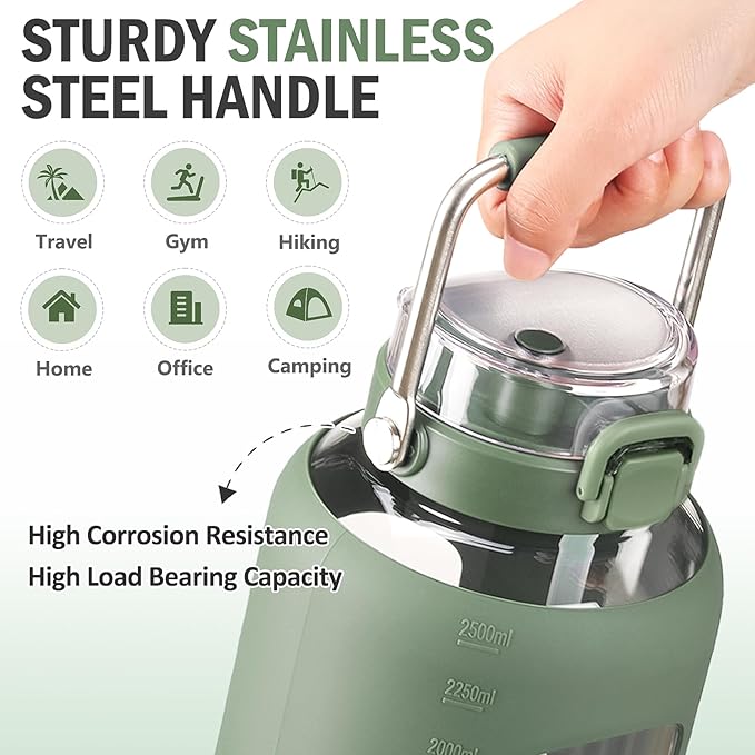 84oz Glass Water Bottle with Stainless Steel Handle,2.5L Gallon Water Bottle With 2-IN-1 Straw Lid, Silicone Sleeve and Motivational Capacity Marker, Wide Mouth Water Jug For Gym, Workout, Olive
