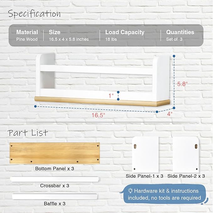 Small Kids Bookshelves Wall Mounted 3-Pack, White Floating Nursery Book Shelves for Kids Room Bedroom, Solid Wood Hanging Bookshelf Bookcase and Toy Storage Shelf for Baby Toddler Child