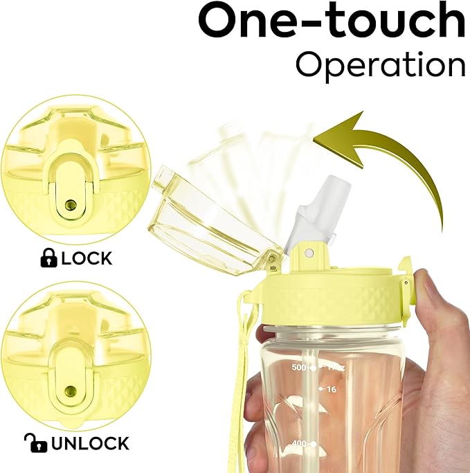 OLDLEY Kids Water Bottle with Straw 15 oz BPA-Free Leak-Proof Motivational Water Bottles with Time Marker for School Sports Travel Gym, Easy to Use for Girls Goys, 1 Straw Lid, Transparent-yellow