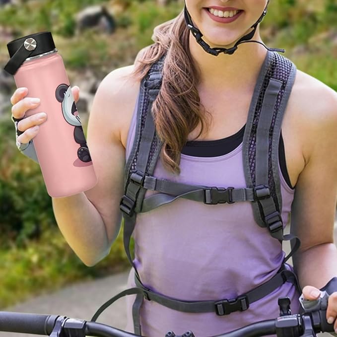 Cute Panda Insulated Water Bottles with Handle Stainless Steel Metal Water Bottle, Cold & Hot Water Bottle 20 oz, Leak Proof Travel with Milk Tea Designs Pink