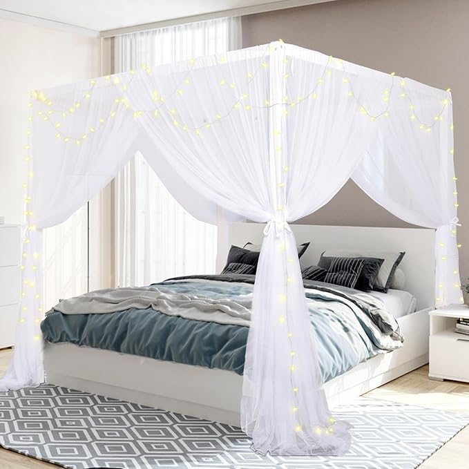 South to East White Canopy Bed Curtains, 4 Corner Post Bed Canopy for Girls & Adults, Top Luxurious Bed Drapes for Bedroom Decoration, 4 Openings, 100% Ripstop Polyester, Easy Install, King/Queen Size