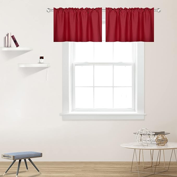 Red Valance for Windows 42x18 Inch Solid Thermal Insulated Blackout Rod Pocket Kitchen Short Curtain Toppers Valance for Bathroom Living Room 2 Panels