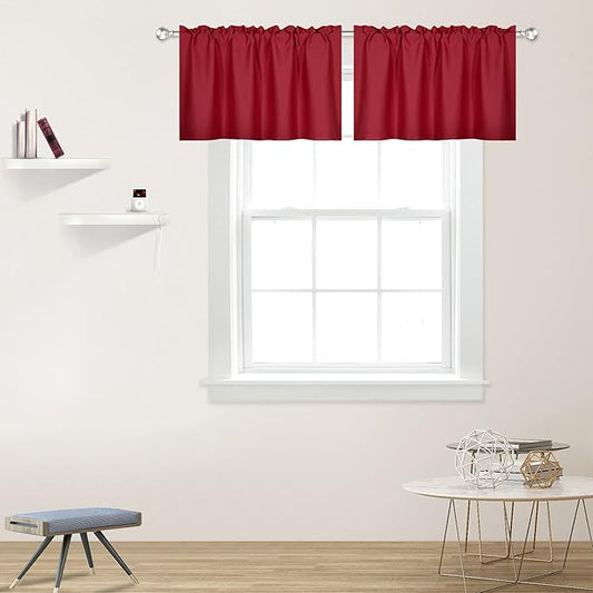 Red Valance for Windows 42x18 Inch Solid Thermal Insulated Blackout Rod Pocket Kitchen Short Curtain Toppers Valance for Bathroom Living Room 2 Panels