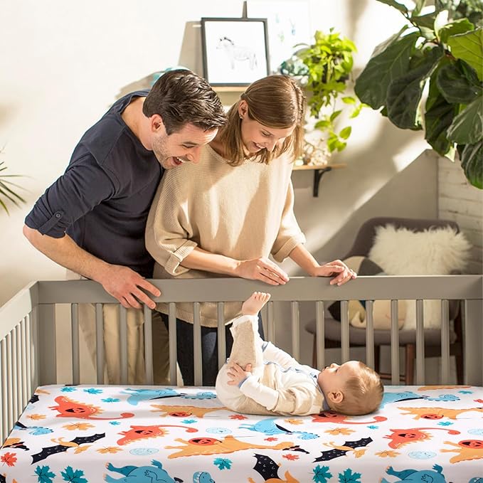 JISEN Baby Crib Sheet 1 Piece Portable Fitted Crib Sheet for Standard Crib and Toddler Mattresses Nursery Bed Decor for Boys Girls 28x52 Halloween Dinosaurs