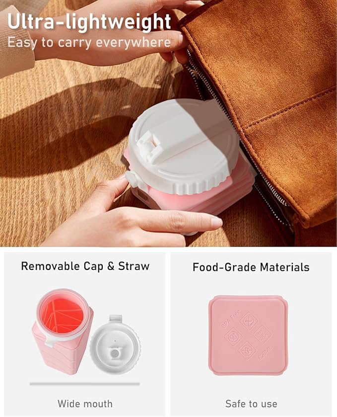 Opard Collapsible Water Bottles 21 Oz - BPA Free, Leak Proof, Foldable Silicone Collapse Water Bottle with Straw, Easy to Compact and Expandable, Travel Essentials Accessories