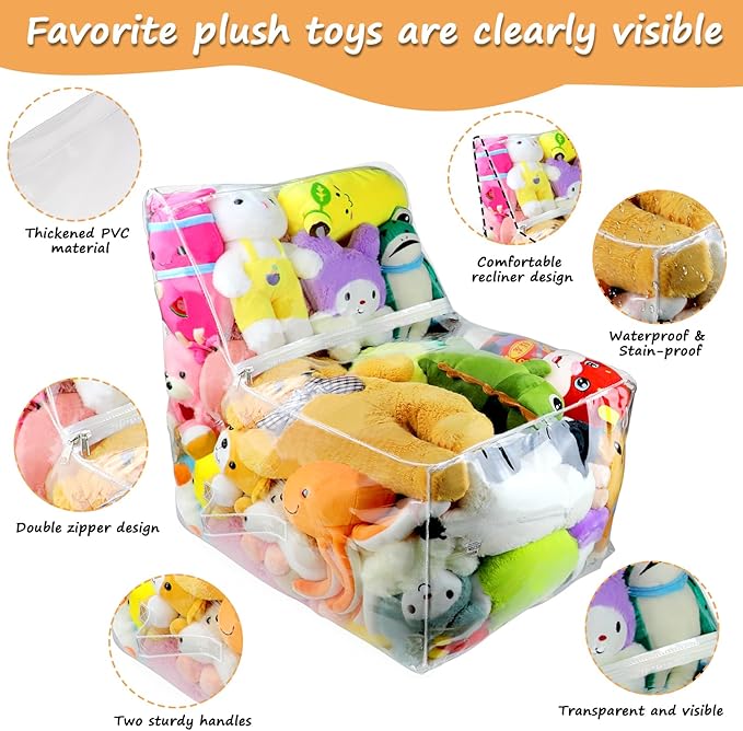 Clear Stuffed Animal Bean Bag Chair Cover for Kids, Waterproof Large Stuffable Beanbag Chair Cover, Creative PVC Plush Toys Storage, for Organizing Toddler & Children Rooms Soft Stuff Animal
