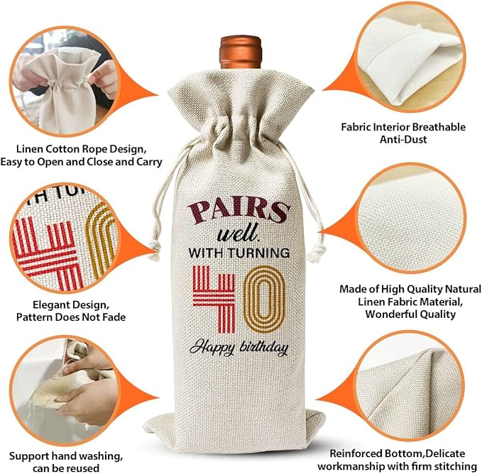 40th Birthday Gift For Best Friend Mom Dad Women Men Her Him, Reusable Linen Wine Bag Gift, 40th Birthday Party Decor Favors, Happy 40th Birthday Gift For Him Her Woman Man, 1984 Birthday