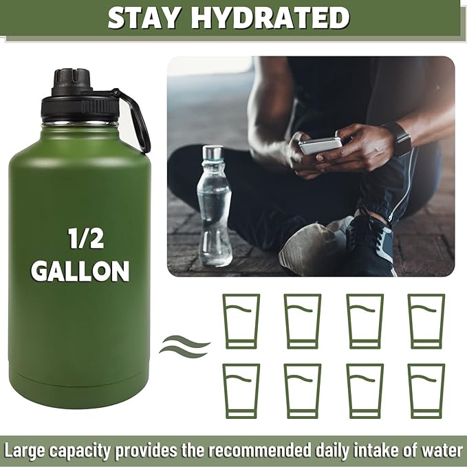 64 Oz Water Bottle with Sleeve - Military Green Half Gallon Insulated Water Jug with Handle - Stainless Steel Sports Bottle for Gym Workout Hiking Camo Black Pouch