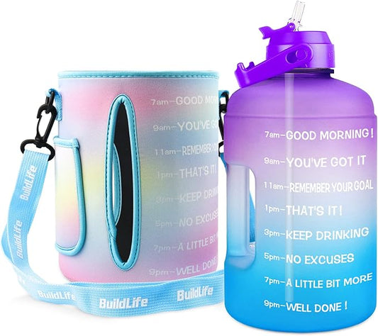 QuiFit 1 Gallon Water Bottle - with Straw & Motivational Time Marker Leak-Proof BPA Free Reusable Gym Sports Outdoor Large(128OZ) Capacity Water Jug(Purple/Blue with Sleeve,1 Gallon)