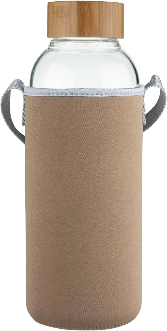 48 oz Sports Borosilicate Glass Water Bottle with Bamboo Lid with Neoprene Sleeve