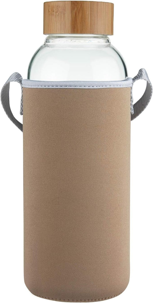 48 oz Sports Borosilicate Glass Water Bottle with Bamboo Lid with Neoprene Sleeve