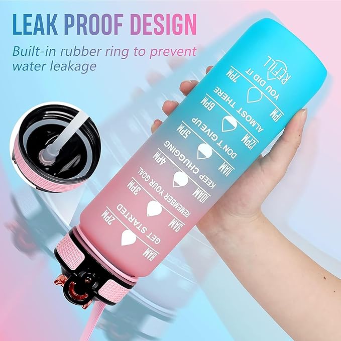 Nana 32 oz Water Bottle with Times Marker to Drink and Straw, Carrying Strap, Leakproof Tritan BPA-Free, Ensure You Drink Enough Water for Fitness, Gym, Camping, Outdoor Sports