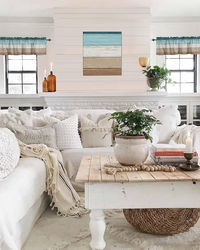 Farmhouse Kitchen Curtains Valances for Windows ,Teal Blue Brown Beach Rod Pocket Country Window Treatment for Kitchen /Living Room/Bedroom/ Bathroom,60" X 18" -1 Panel, Retro Rustic Barn Wood Texture
