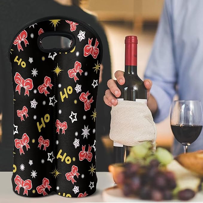 doginthehole Bowknot Print Wine Bag 2 Bottle Wine Tote Carrier Insulated Wine Cooler Bag for Travel Picnic Christmas Ho Ho Ho Portable Neoprene Wine Tote Holder Household Supplies Christmas Decor