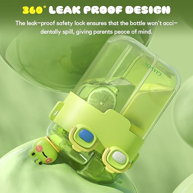 Cute Water Bottle for Kids: 26oz Kawaii Water Bottle for Girls, Funny Bear Water Bottles with Straw and Strap, Dual Compartments Leak-proof Plastic Drinking Cup for School Sport Travel (Green)