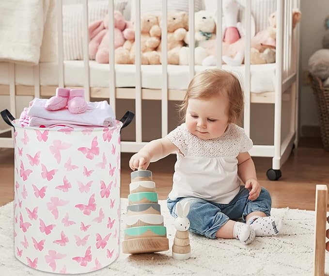 Butterfly Pink Laundry Hamper Girls Laundry Hamper Baby Laundry Basket Cute Toy Storage Bin Kids Hamper Butterfly Room Decor(Pink Butterfly)