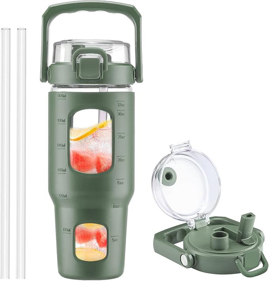 BLUEGO 32oz Glass Water Bottle with Handle and Straw|Leakproof Sports Glass Bottle with Time Marker and Silicone Sleeve|Glass Drinking Bottle for Travel, Gym, Workout, Olive