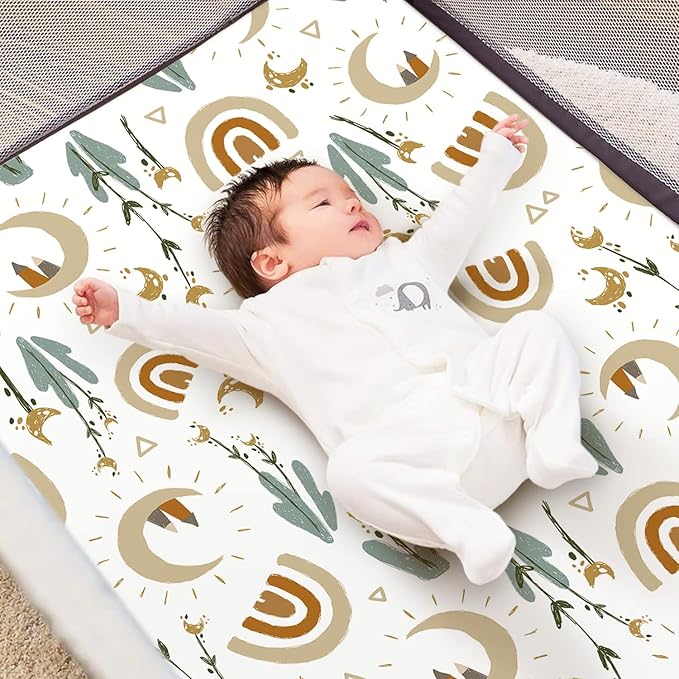 GRSSDER Stretchy Ultra Soft Jersey Knit Fitted Pack n Play Sheets Set 2 Pack, Portable/Mini Cribs Sheets for Girls and Boys, Rainbow Creative Painting Pattern