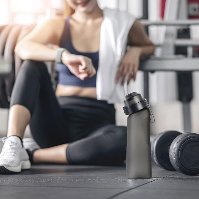 Water Bottle with 7Pcs Air Flavor Pods, Air Bottle Pods Water Bottle, Flavor Caps with Water Bottle, Fruit Scent Pods for Outdoor Sport(Matte Black-7 Pods)