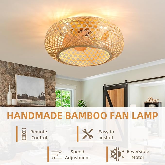 NicBex Ceiling Fan 20 Inch Ceiling Fans with Lights Bamboo Woven Ceiling Fan with Blades and Remote Control Flush Mount Ceiling Fans for Bedroom, Living Room, Natural