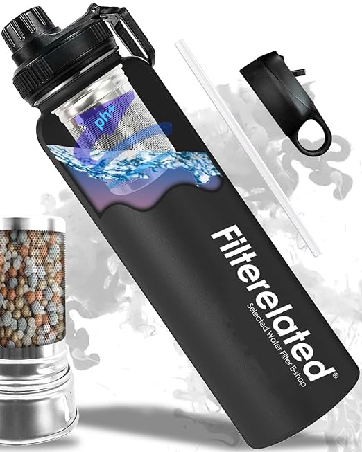 30oz Stainless Steel Portable Alkaline Filter Water Bottle, Creates Up to 9+ Ph of Quality Water, Sports Travel Water Bottle, Removes Water Impurities