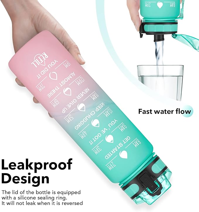 Motivational Water Bottle 1000ml with Time Marker Leak Proof BPA Free with Fruit Filter, Perfect for Fitness, Gym and Outdoor Sports