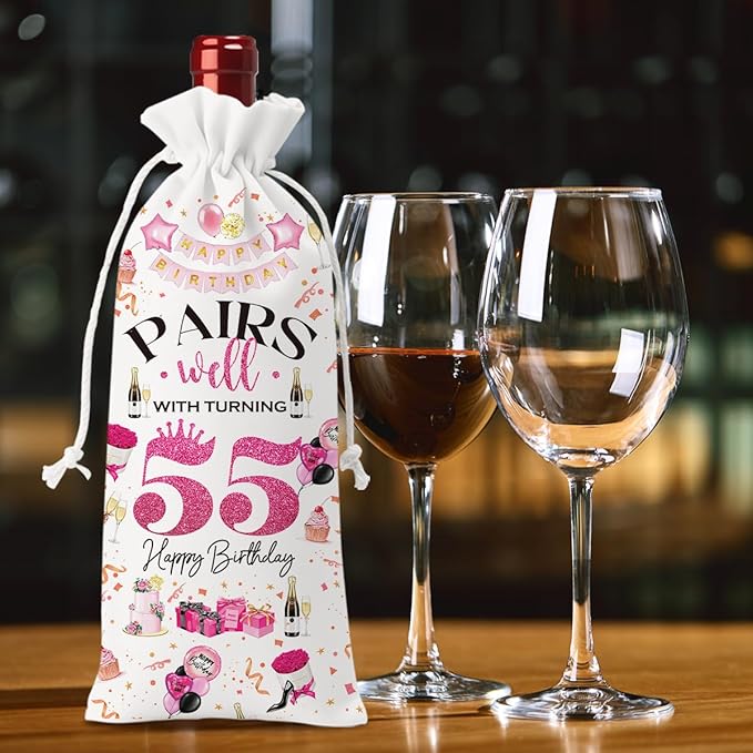 55th Birthday Gifts for Women Men Wine Bag, 55 Year Old Birthday Gifts for Women Men, 55th Birthday Party Decorations for Women Men, Pairs Well with Turning 55 Wine Bags (White Pink)