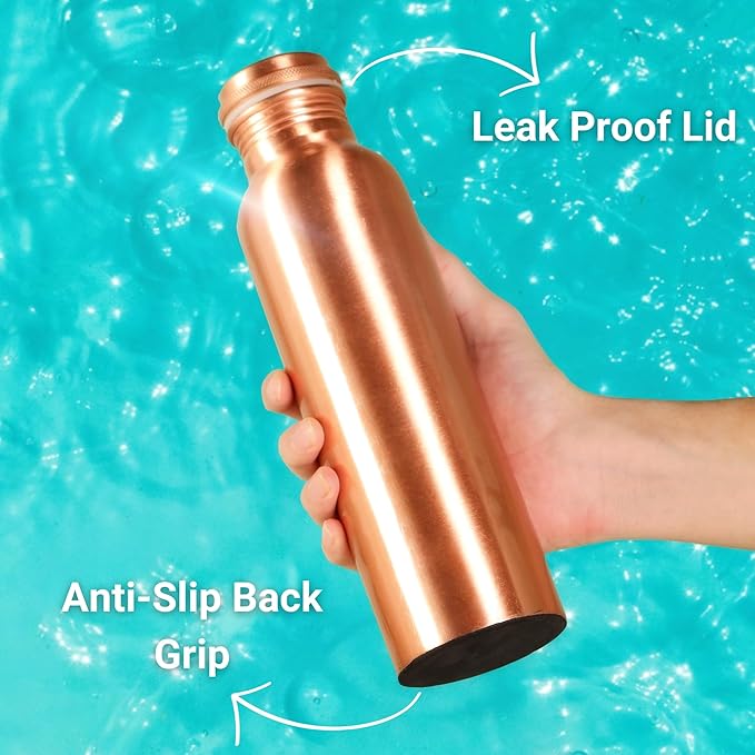 THE ART BOX Copper Water Bottle 32 Oz / 950 ml Large with Anti Slip Bottom Leak Proof Lid Ayurvedic Pure Copper Vessel for Drinking, Travel, Sports, Fitness and Yoga