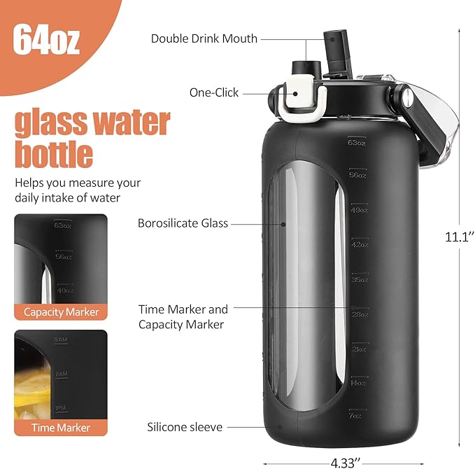 BLUEGO 64oz Glass Water Bottle with Handle and Straw, Motivational Sports Water Bottle with Time Marker and Silicone Sleeve Leakproof Drinking Bottle for Travel Gym Workout, Black