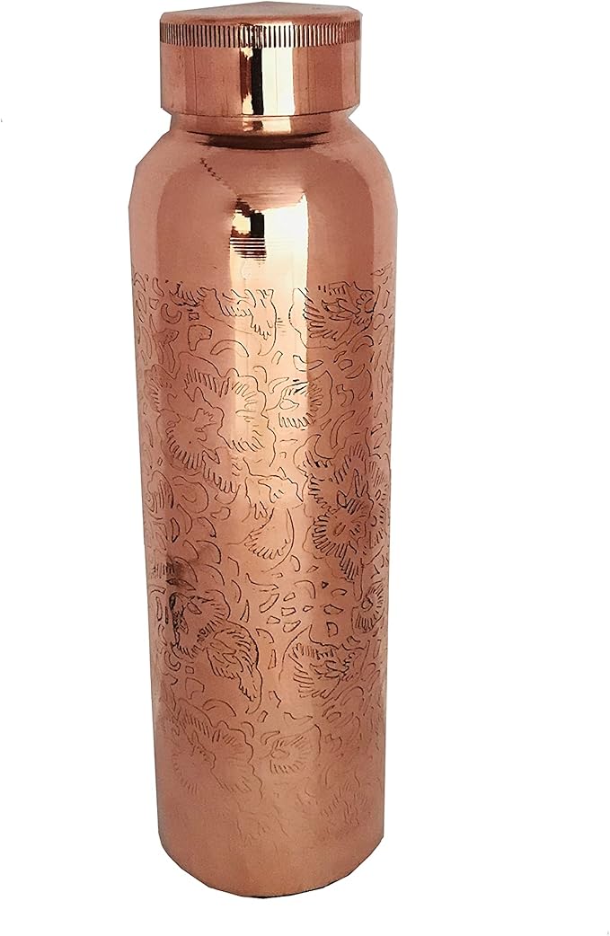 Kunal Art & Crafts Pure Copper Water Bottle 34 Oz Etching, Embossed water Bottle Joint Free-Ayurveda Health Copper Vessel for Drinking Water Bottle,Gift for Diwali Gift Capacity 1000 Ml