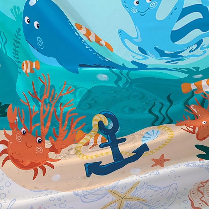 AILONEN Cartoon Dolphin Shower Curtain for Kids Boys Girls,Cute Sea Animals Waterproof Fabric Shower Curtain for Bathroom,Ocean Shell Theme Shower Curtain Set with Hooks,60" W*72" H