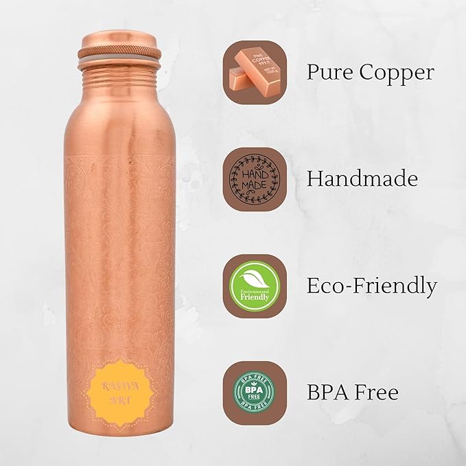 Pure Copper Metal Water Bottle - 32 oz - Indian Handmade Ayurveda Healing Drinking Water Bottle for Travel, Hiking, Gym, Office, Outdoor - Glossy Etching