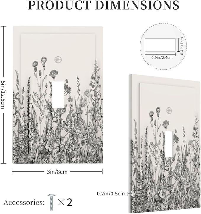 Vintage Grey Floral Herbs Wild Flowers Botanical 1 Gang Boho Light Switch Covers Decorative Country Single Toggle Wall Plate Switchcover Electrical Switchplate for Bedroom Decor
