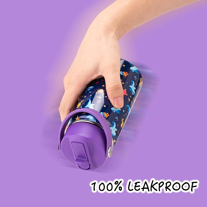 Kids Insulated Water Bottle, 2 Pack 12oz Shark & Dinosaur Water Bottles Bulk with Flip Straw & Big Handle, Gifts for Kids Girls to School Travel Sports, Hands Wash Only, Purple & Pink